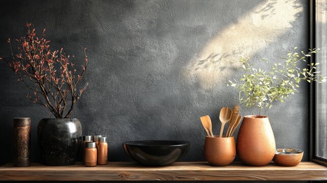 Rustic ceramic kitchen decor in soft natural light