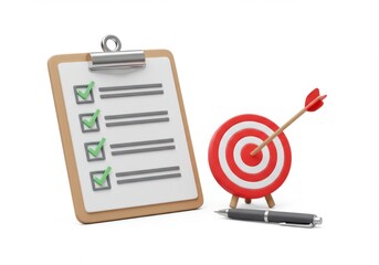 Clipboard with checkmarks beside target with arrow and pen object isolated on white background