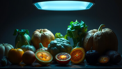 Bioengineered Fruits and Vegetables Glowing Subtly in a Futuristic Display