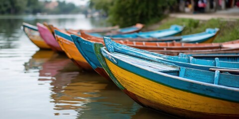 A line of vibrant wooden boats in various colors are docked peacefully at the water's edge, depicting a serene and picturesque scene by the river.