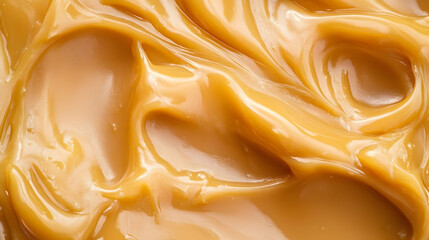Delicious caramel swirl texture close-up presents appetizing confectionery delight