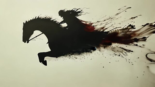Rider silhouette on galloping horse dissolves into burst of flowing red ink
