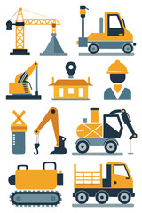 Construction Vehicles and Worker Flat Design Illustration Set