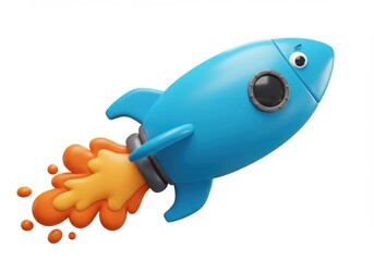 Cartoon blue rocket blasting off with orange and yellow flames isolated on white background