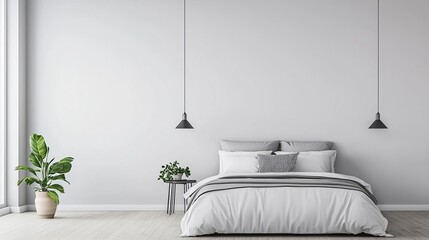Contemporary bedroom interior design highlighting a comfortable bed nestled among lush green plants and natural light