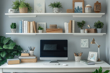 White desk with computer, plants, and notepads; sunlight streaming through window, creating a peaceful workspace.