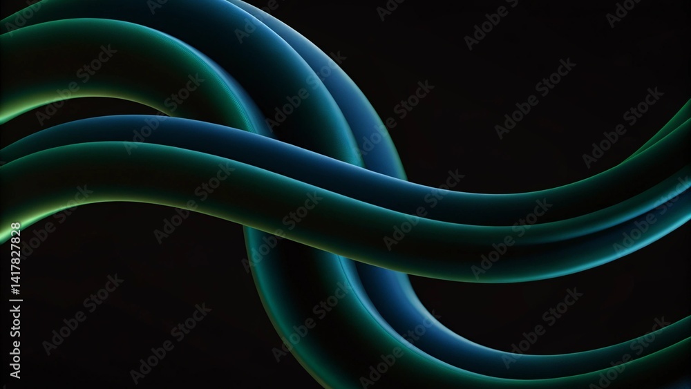 Poster Abstract vector wave lines flowing dynamic in blue green colors isolated on black background, futuristic light trails motion digital swirl energy pattern glowing curve neon flow stream