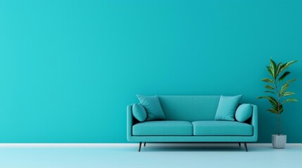 Elegant living room interior showcasing a comfortable blue sofa against a matching blue wall for a harmonious design
