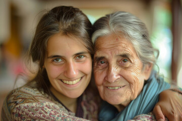Elderly woman and young caregiver smiling together, close bond