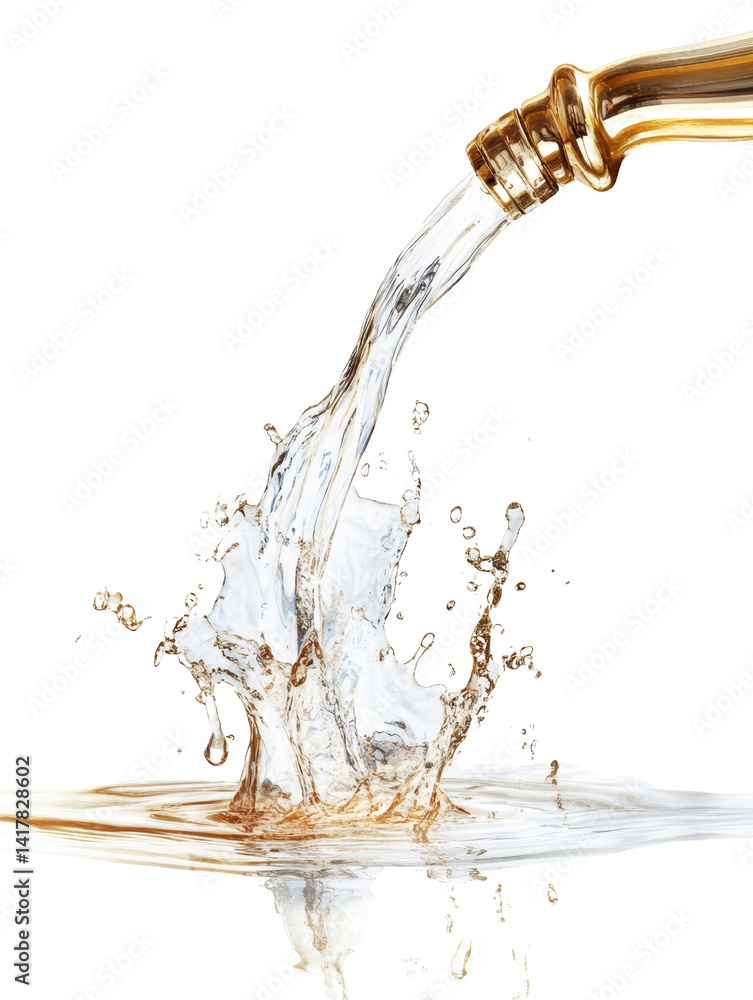 Poster gushing liquid cascade on black backdrop, embodying fluid dynamics precision
