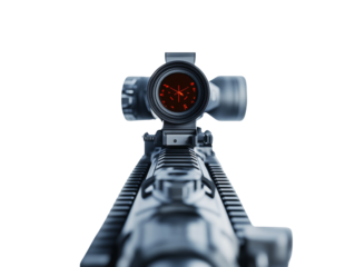 Precision Aim: Close-up of an Assault Rifle Scope with a Red Dot Reticle