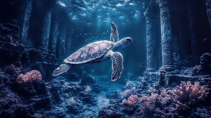 Fototapeta premium Sea turtle swims above ruins in deep, blue ocean, coral reefs, sunlight background