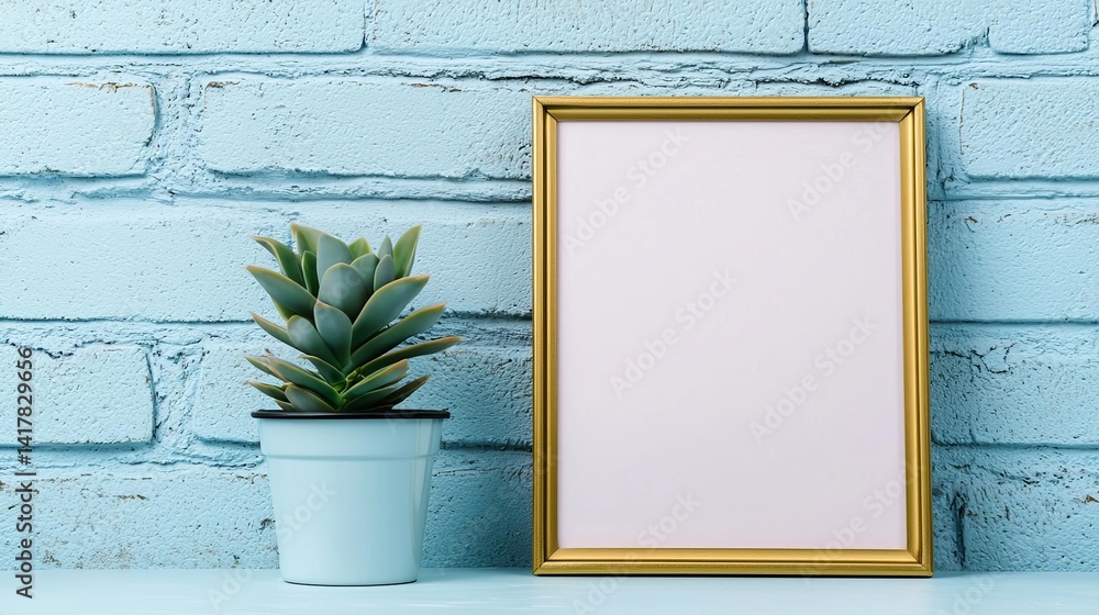 Poster home interior display featuring a plant and a frame on a table creating a stylish and inviting decor