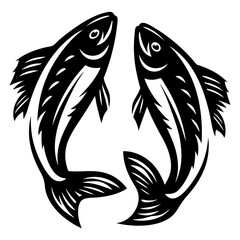 Stylized monochrome illustration of two fish swimming in a circular pattern