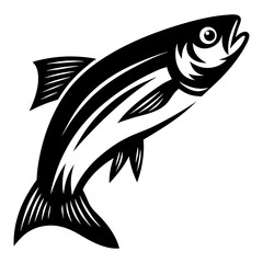 Black and white illustration of a fish swimming up on a white background