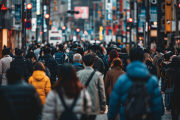 A bustling street scene with a crowd of people walking, focus on diverse individuals in an urban setting.