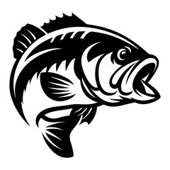 Detailed Black and White Silhouette Illustration of a Leaping Largemouth Bass Fish
