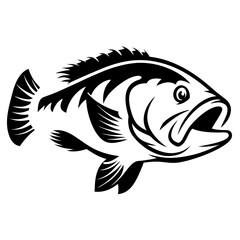 Detailed monochrome illustration of a largemouth bass fish, stylized for emblem use