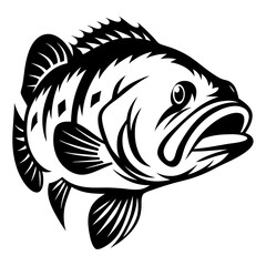 A stylized illustration of a largemouth bass in black and white design