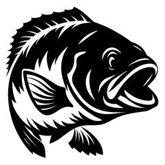 Black and white illustration of a fish with open mouth facing forward