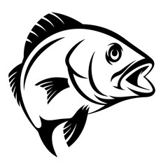Stylized black and white fish illustration with open mouth and defined fins