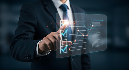 A professional businessman engaging with a futuristic digital interface, showcasing data analytics and checklists.