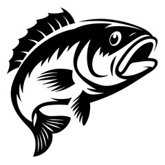 Monochrome vector depiction of a leaping largemouth bass with open mouth