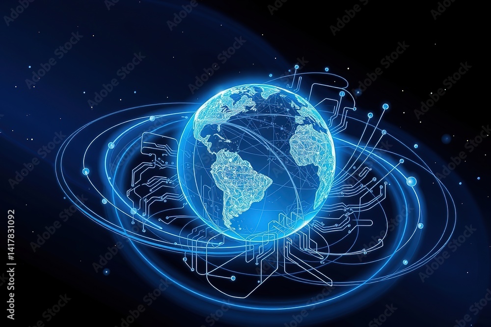 Poster futuristic digital globe with data streams, global connectivity, technology network visualization, h