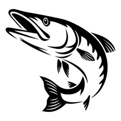 Stylized monochrome image of a muskie fish jumping upward, great logo element