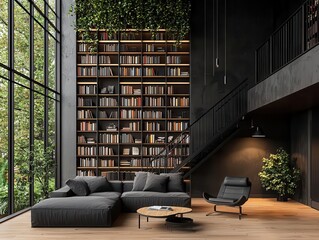 Openconcept loft house with a secondfloor library, featuring floating bookshelves, warm lighting, and a modern cozy ambiance