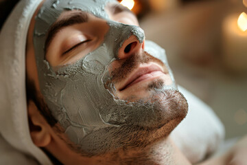 Fototapeta premium Man relaxing with a nourishing facial clay mask in a serene spa setting with soft ambient lighting.