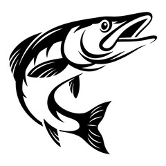 Stylized Black and White Illustration of a Leaping Pike Fish Design