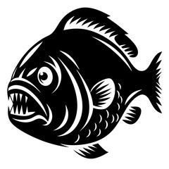 Black and white vector illustration of a fierce looking piranha fish