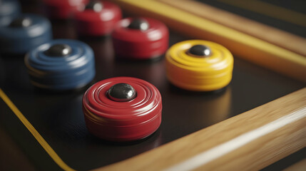Elevated Perspective of Colorful Curling Stones on a Dark Wooden Surface