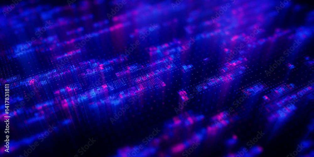 Poster Big Data clusters complex graph. Quantum computing patterns. Cyber space of AI technology neural connections. Futuristic graph. Digital information presentation. 