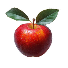 Fresh red apple with water drops and green leaves isolated transparent background