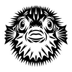 Monochromatic Pufferfish Face Illustration with Sharp Spikes and Detailed Features