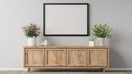 Charming arrangement of a green plant and a picture frame displayed beautifully on a wall in a living room