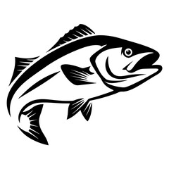 Stylized Black and White Illustration of a Fish Leaping Upward in Water