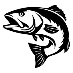 Striking black and white graphic of a leaping largemouth bass fish