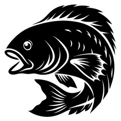 Stylized Black and White Illustration of a Jumping Fish with Open Mouth