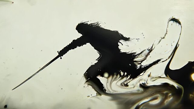 Soldier in battle armor charges through swirls of dark ink creating intense action and energy