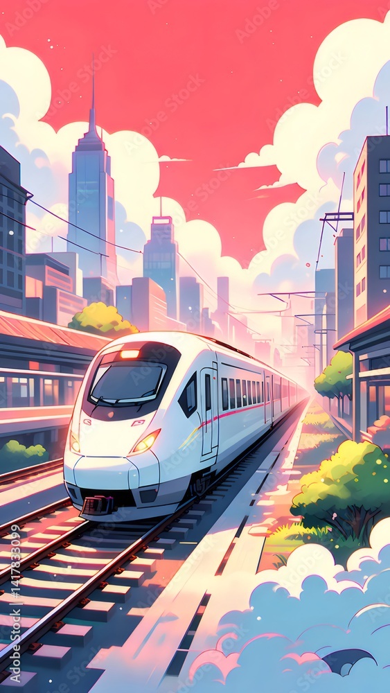 Poster ピクセル化された列車が都市を走る鮮やかな色彩の風景 日差しと高層ビルの背景