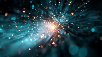 Obraz premium Radiant cosmic explosion or energy burst in deep space, with glowing blue and orange particles spreading outward in a dynamic, high-energy abstract composition.