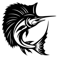 Elegant black and white marlin illustration with flowing lines and sharp details