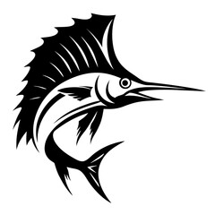 Striking Black and White Marlin Illustration with Powerful Fins and Bill