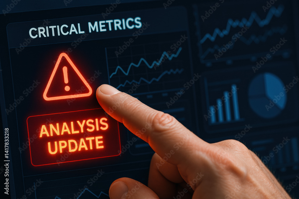 Poster a hand taps a flashing alert on a business dashboard highlighting critical metrics emphasizing strat