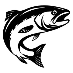 Monochrome jumping salmon drawing isolated on white background, elegant vector illustration