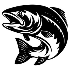 Black and White Vector Illustration of a Leaping Salmon Fish Silhouette