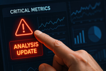 A hand taps a flashing alert on a business dashboard highlighting critical metrics emphasizing strategy and decision-making for improved efficiency